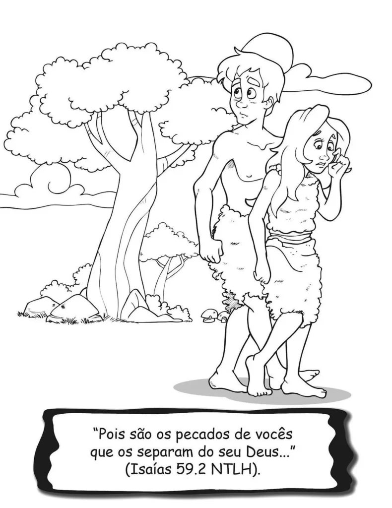 Adão e Eva: Desenho para colorir da expulsão do Jardim do Éden, com referência bíblica de Isaías 59:2.