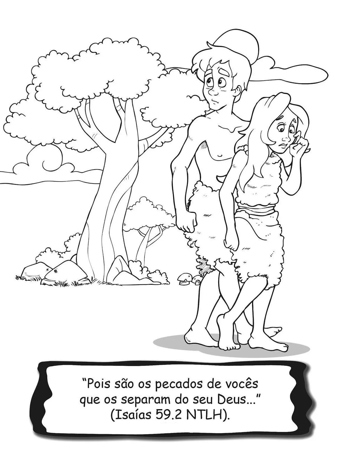 Adão e Eva: Desenho para colorir da expulsão do Jardim do Éden, com referência bíblica de Isaías 59:2.
