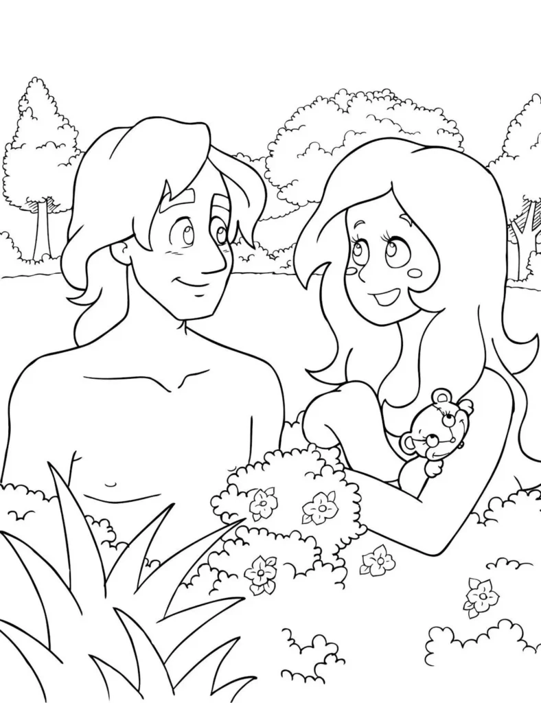Adão e Eva no jardim: desenho para colorir cheio de alegria e amor.