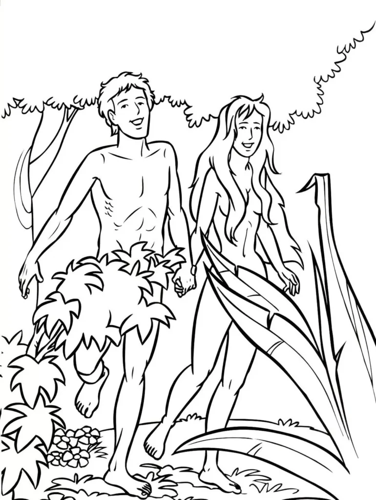Adão e Eva no paraíso: imagem para colorir com Adão e Eva felizes caminhando em um jardim paradisíaco.