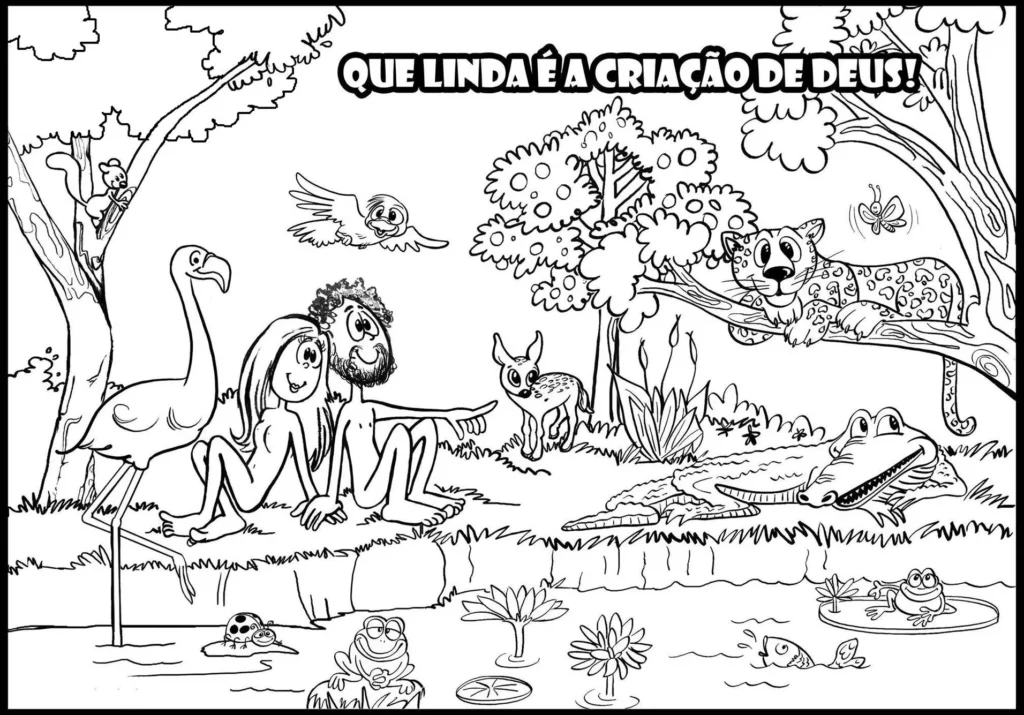 Adão e Eva no Jardim do Éden: Desenho para colorir com rica fauna e flora.