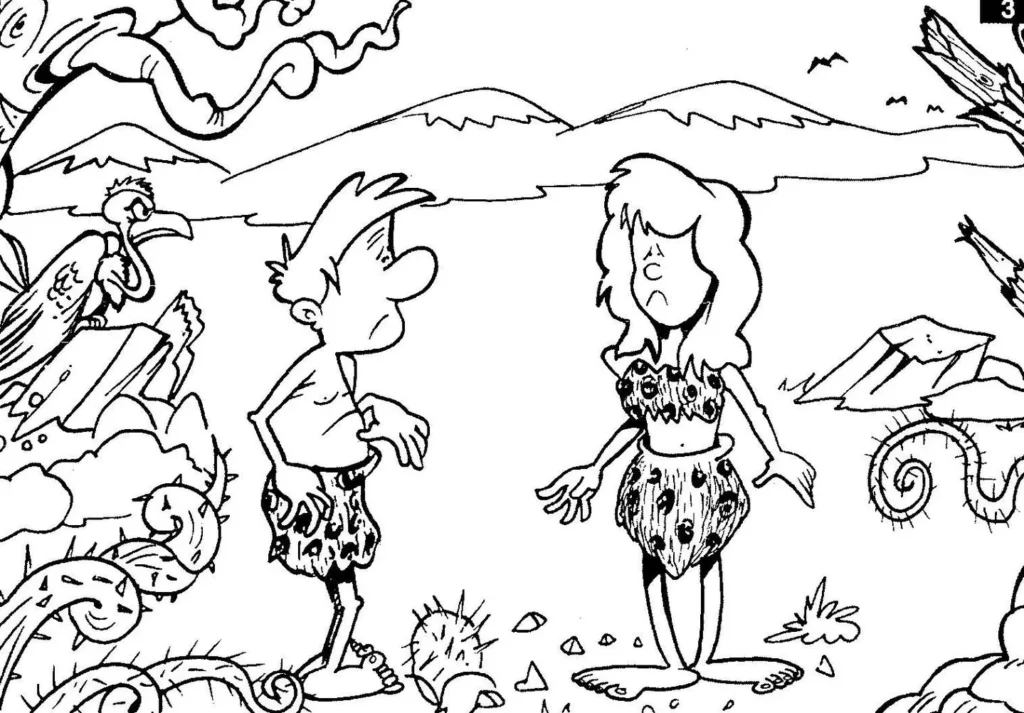 Adão e Eva cavernícolas para colorir fora do paraíso. Desenho ambientado em paisagem pré-histórica com montanhas e vegetação.