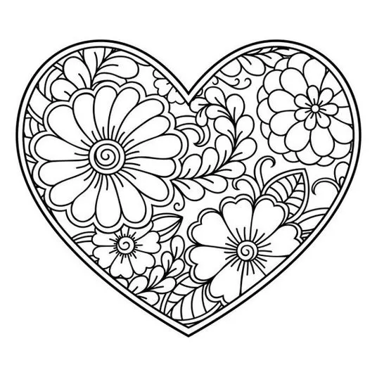 Coração floral com margaridas para colorir e imprimir. Desenho detalhado para atividades criativas.