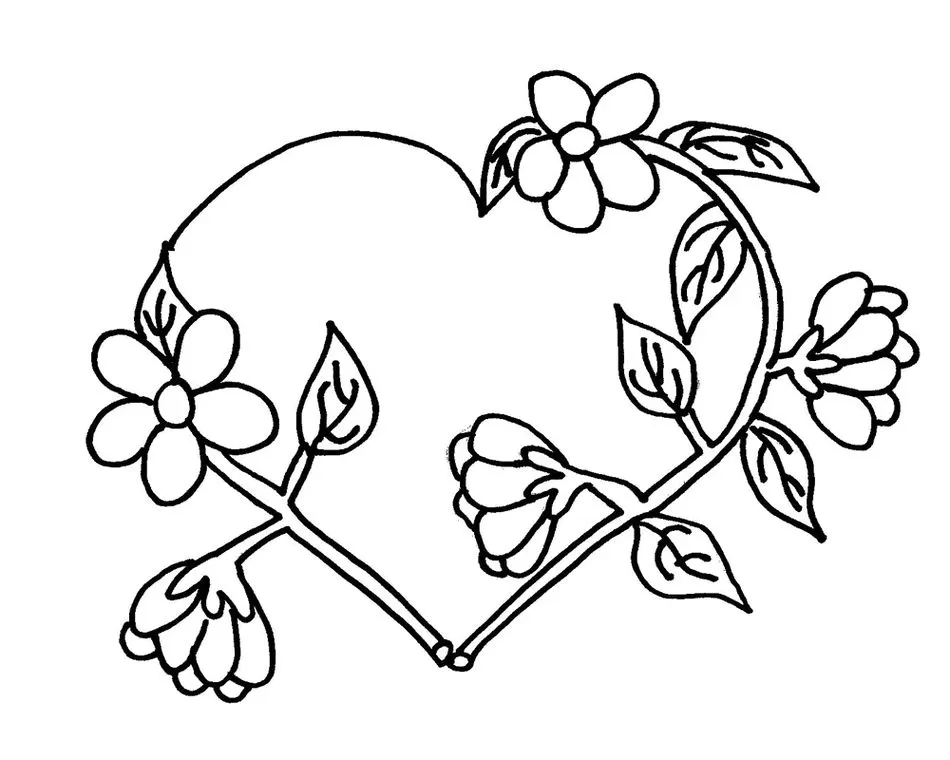 Coração Floral para Colorir: Desenho delicado de coração formado por flores e galhos, pronto para imprimir e colorir.