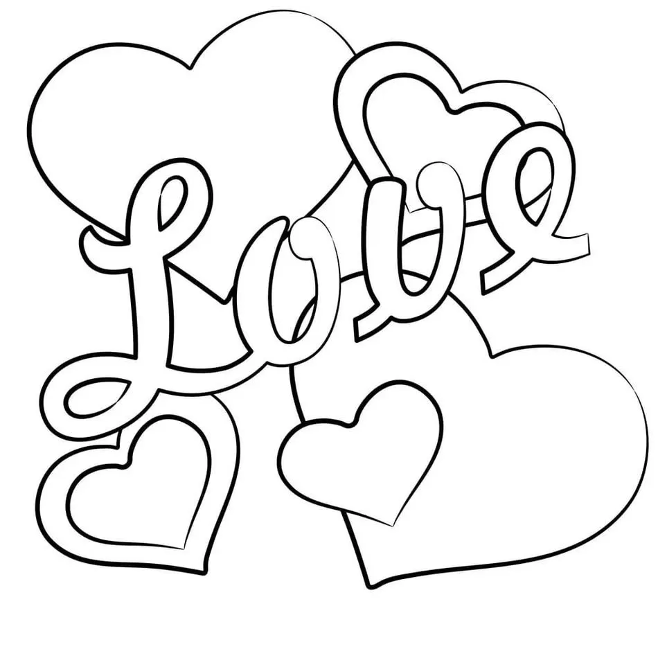 Desenhos de corações e a palavra 'Love' para colorir e expressar afeto.