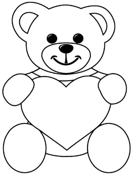 Urso do amor com coração para colorir e imprimir. Desenho fofo de urso abraçando um coração grande.