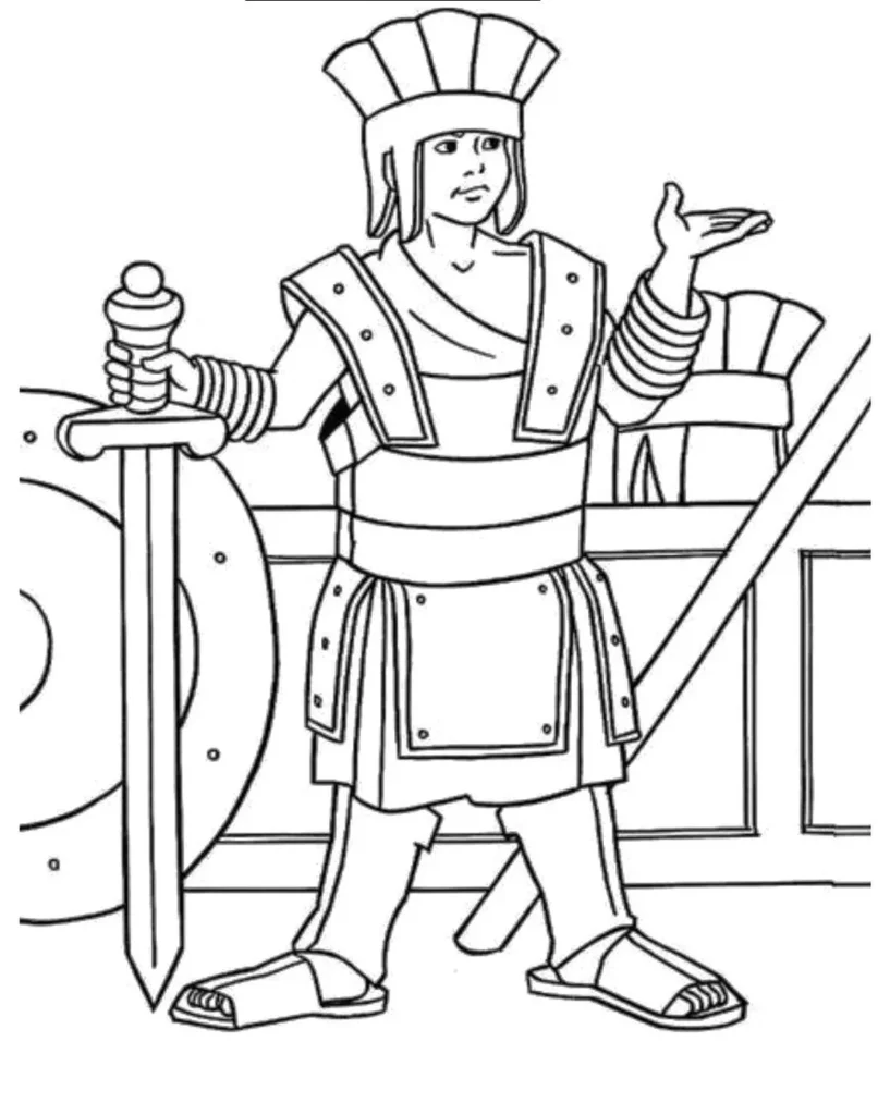 Davi e Golias: Desenho para colorir mostrando a armadura inadequada. Detalhe da vestimenta e escudo.
