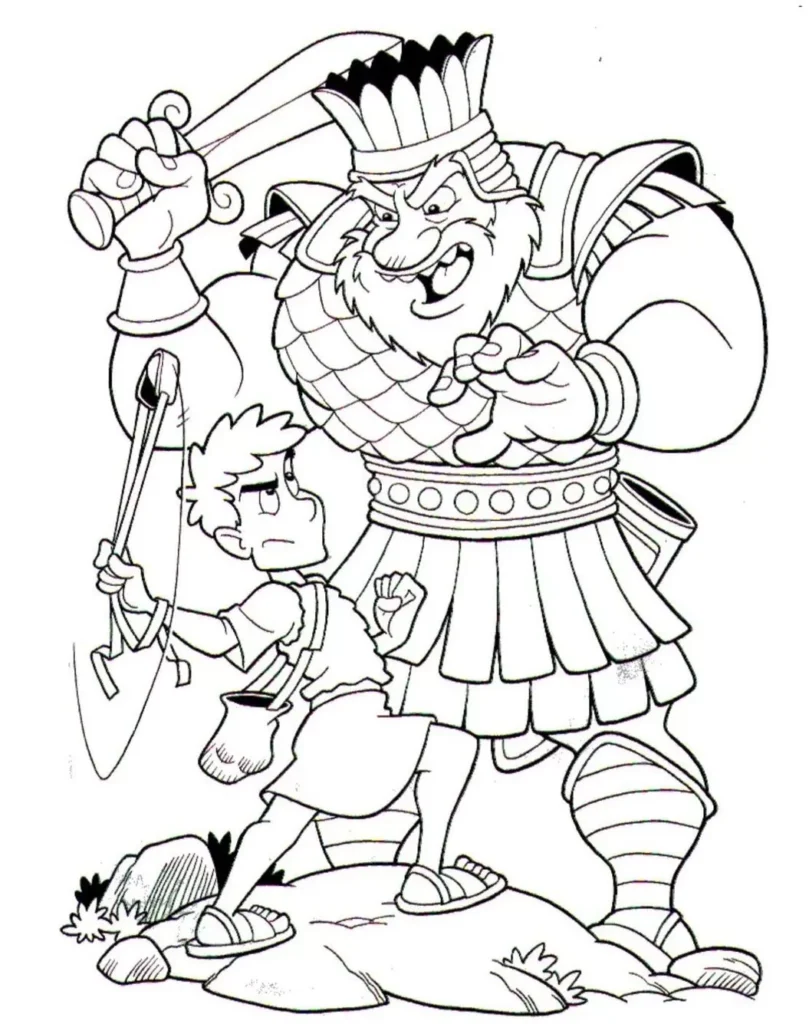 Davi e Golias para colorir: A cena bíblica da funda contra a espada.