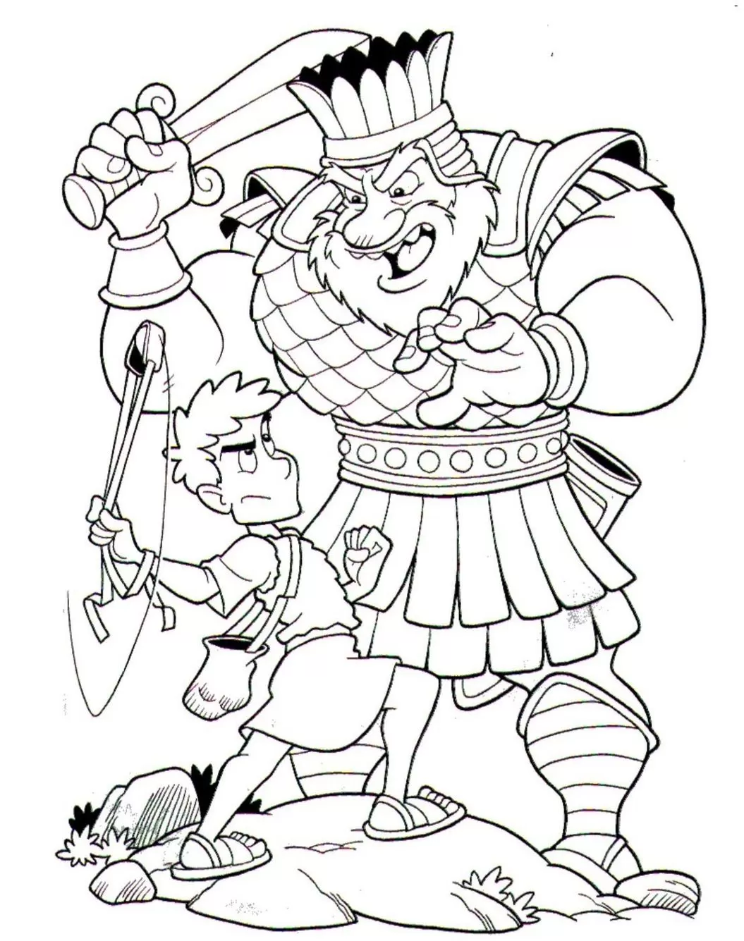 Davi e Golias para colorir: A cena bíblica da funda contra a espada.