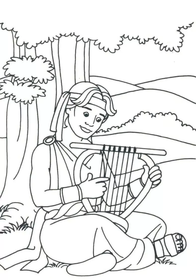 Davi tocando harpa para colorir: cena bíblica com paisagem campestre.
