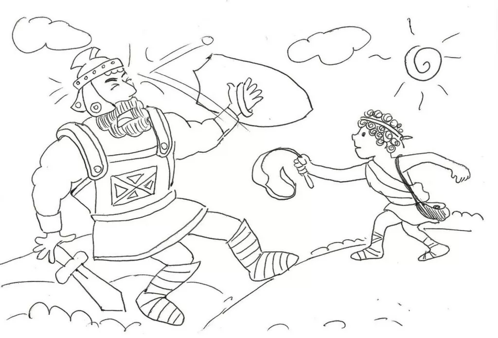 Desenhos de Davi e Golias para colorir em PDF. A imagem contém Davi atirando uma pedra em Golias.