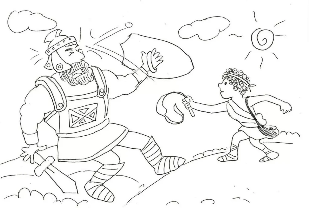 Davi e Golias: cena bíblica para colorir mostrando Davi vencendo o gigante Golias com uma pedra.