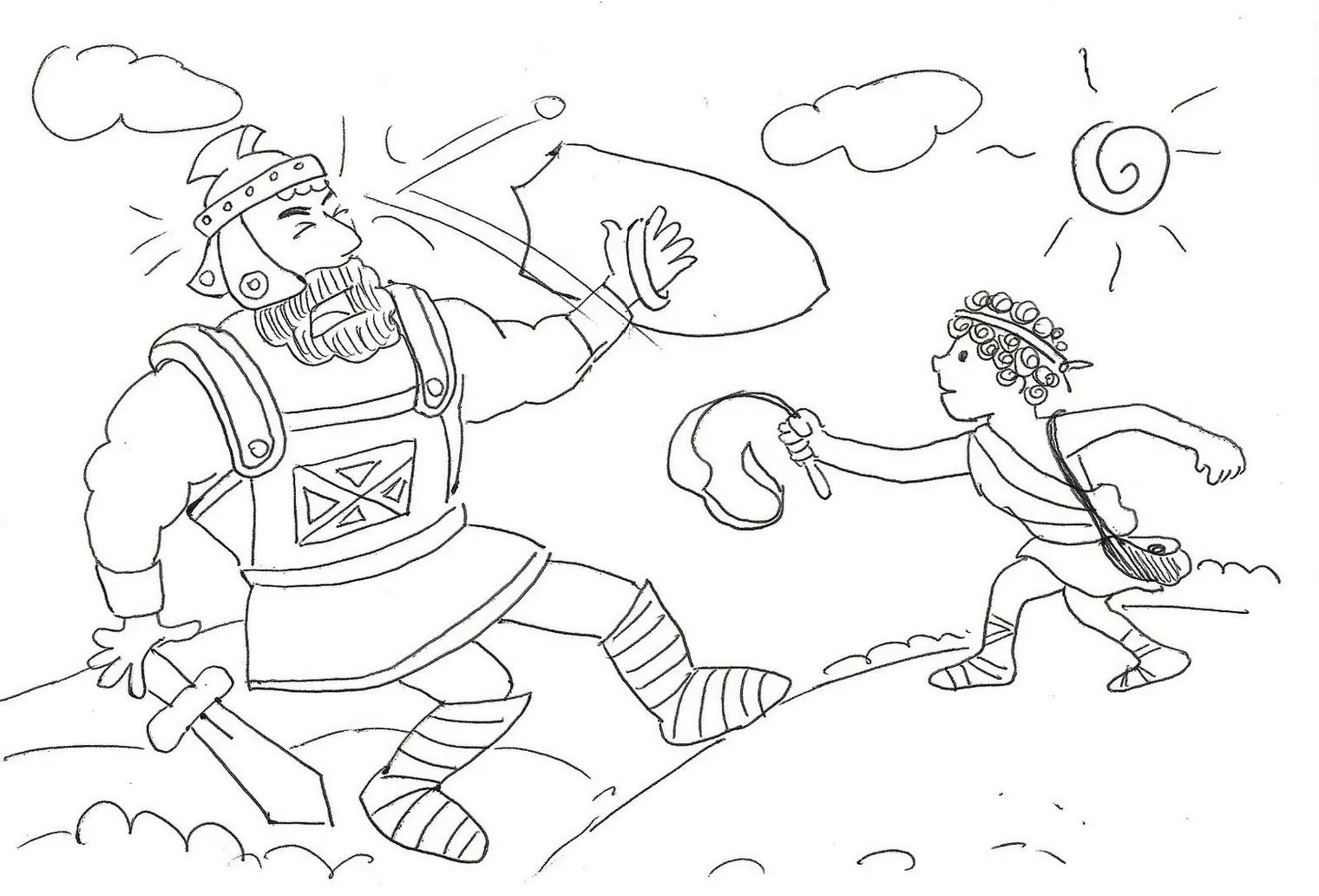 Davi e Golias: cena bíblica para colorir mostrando Davi vencendo o gigante Golias com uma pedra.