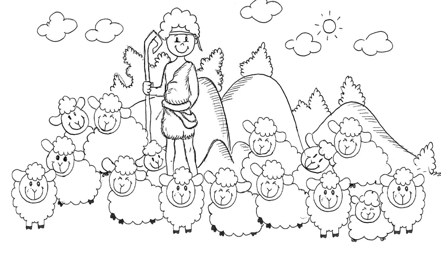 Davi e Golias: Desenho do pastor de ovelhas para colorir com ovelhas felizes