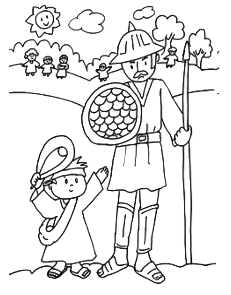 Davi e Golias para Colorir: Cena Bíblica do Pequeno Soldado Davi