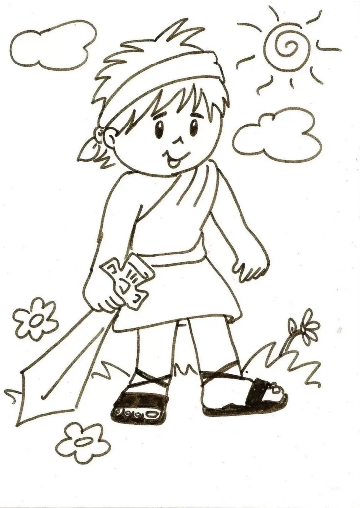 Davi e Golias: Desenho bíblico para colorir. Representação do jovem herói, ideal para atividades criativas.
