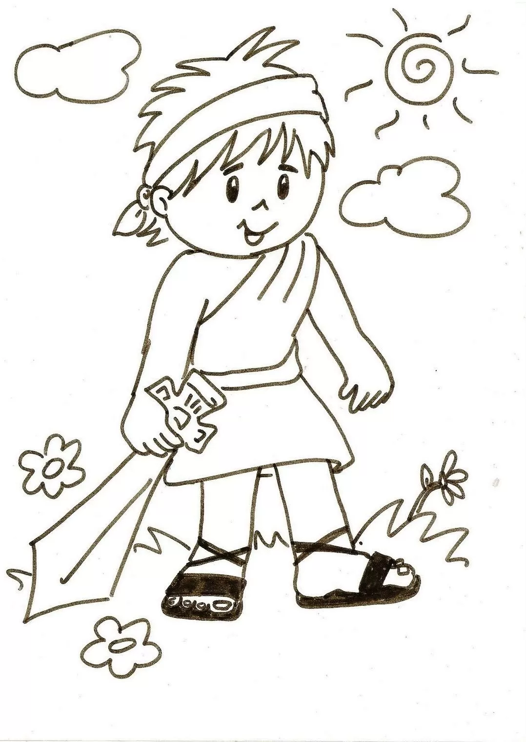 Davi e Golias: Desenho bíblico para colorir. Representação do jovem herói, ideal para atividades criativas.