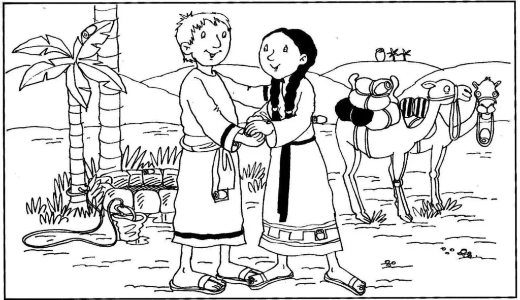 Desenho de Isaac e Rebeca em paisagem desértica com poço e camelos para atividades criativas.