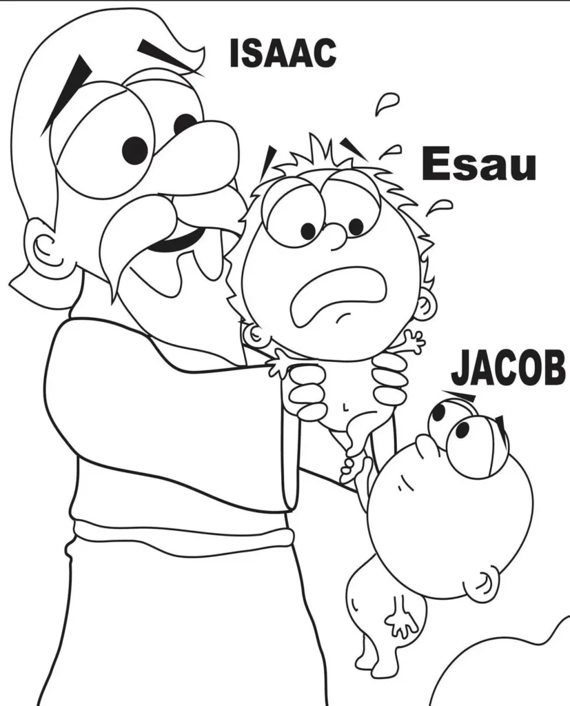 Isaac, Rebeca, Jacó e Esaú para colorir: cena bíblica em desenho