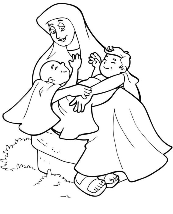 Isaac e Rebeca: Desenho para colorir da cena bíblica de Rebeca com seus gêmeos.