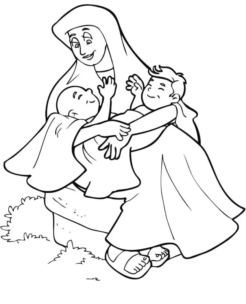 Isaac e Rebeca: Desenho para colorir da cena bíblica de Rebeca com seus gêmeos.