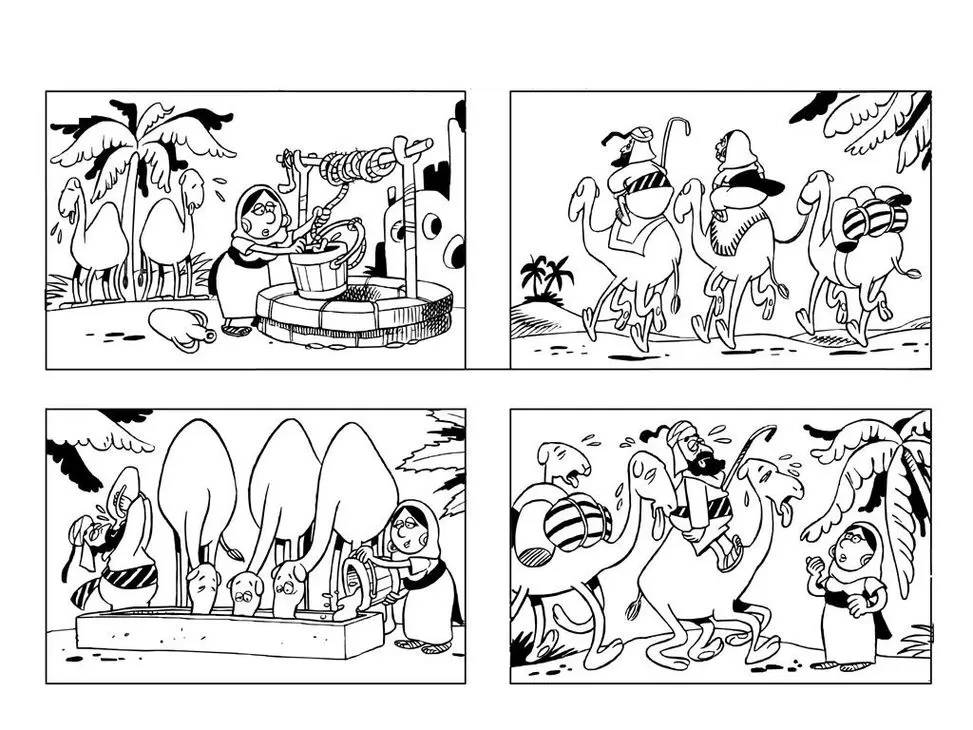 História de Isaac e Rebeca em desenhos para colorir: Rebeca no poço e a caravana de camelos.