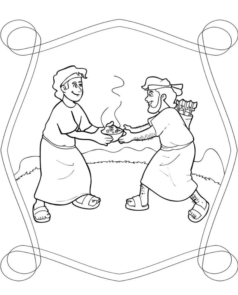 Jacó e Esaú: Desenho para colorir da troca da bênção por comida.