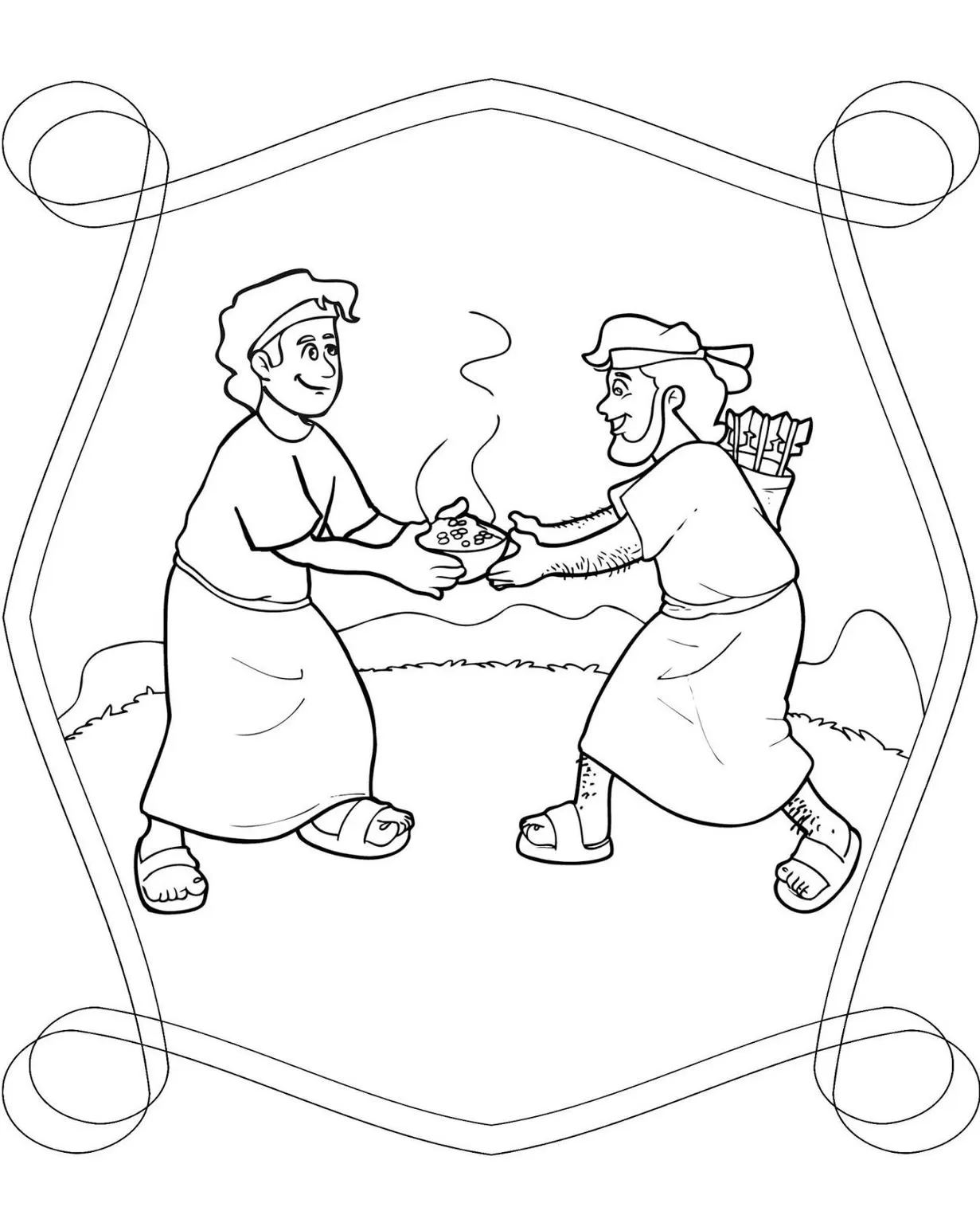 Jacó e Esaú: Desenho para colorir da troca da bênção por comida.