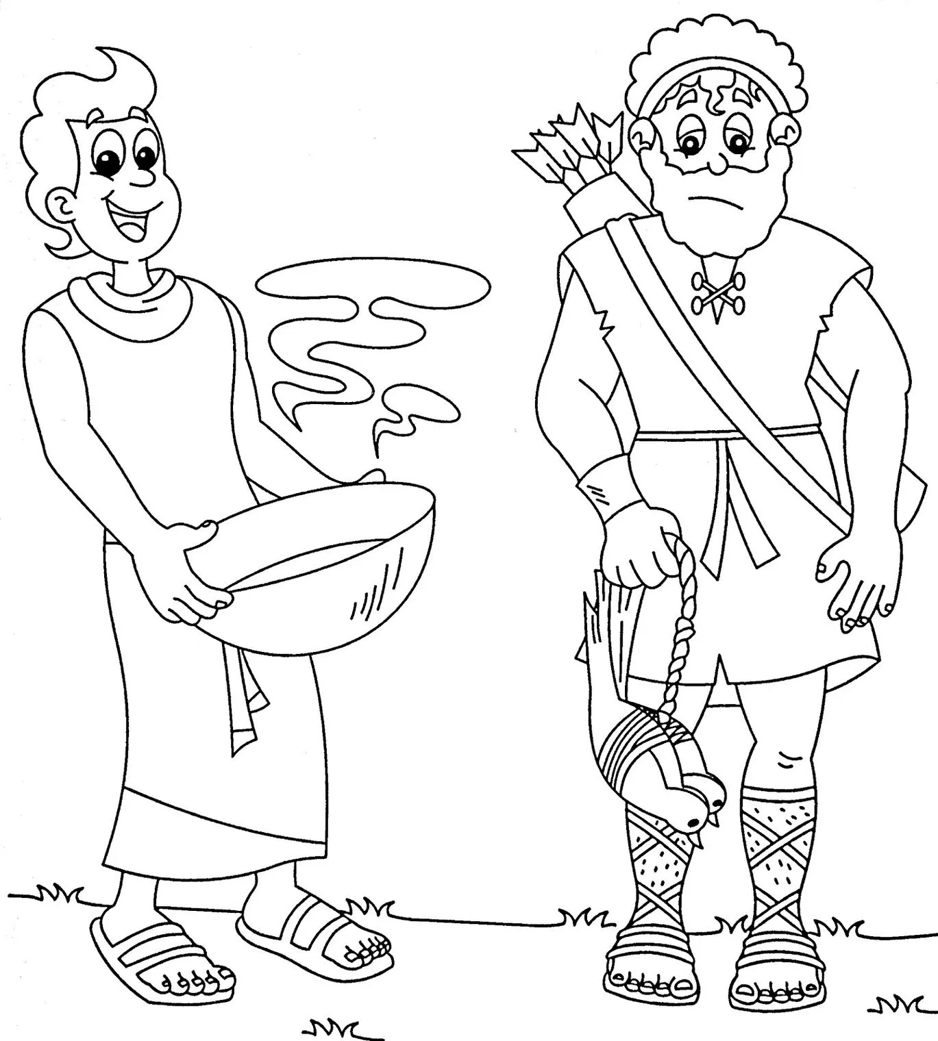 Jacó e Esaú: Desenho para colorir da cena bíblica da troca da primogenitura.