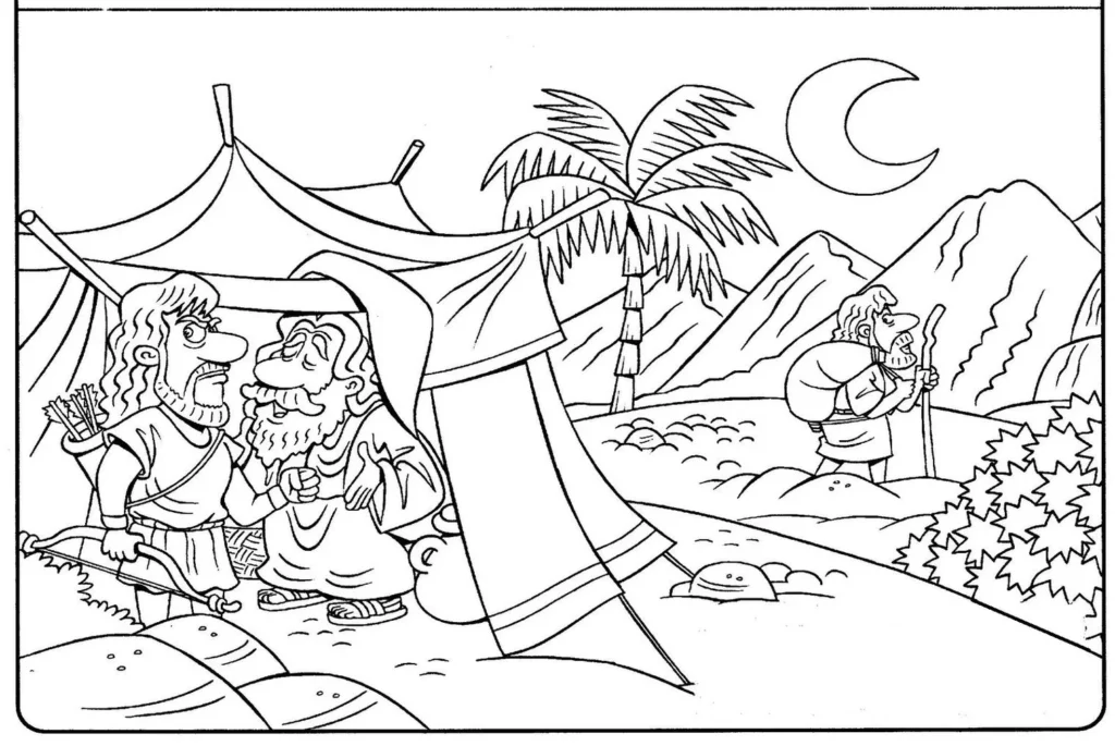 Cena bíblica para colorir: Jacó e Esaú com Isaac e ensopado.