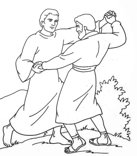 Jacó e o Anjo em luta: Desenho para colorir da cena bíblica do confronto físico de Jacó com um anjo, ideal para atividades artísticas.