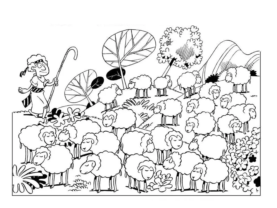 Pastor e rebanho de ovelhas em desenho para colorir. Cena campestre com Jacó e ovelhas.
