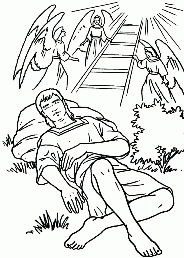 Visão de Jacó: Desenho bíblico para colorir com anjos e escada celestial.
