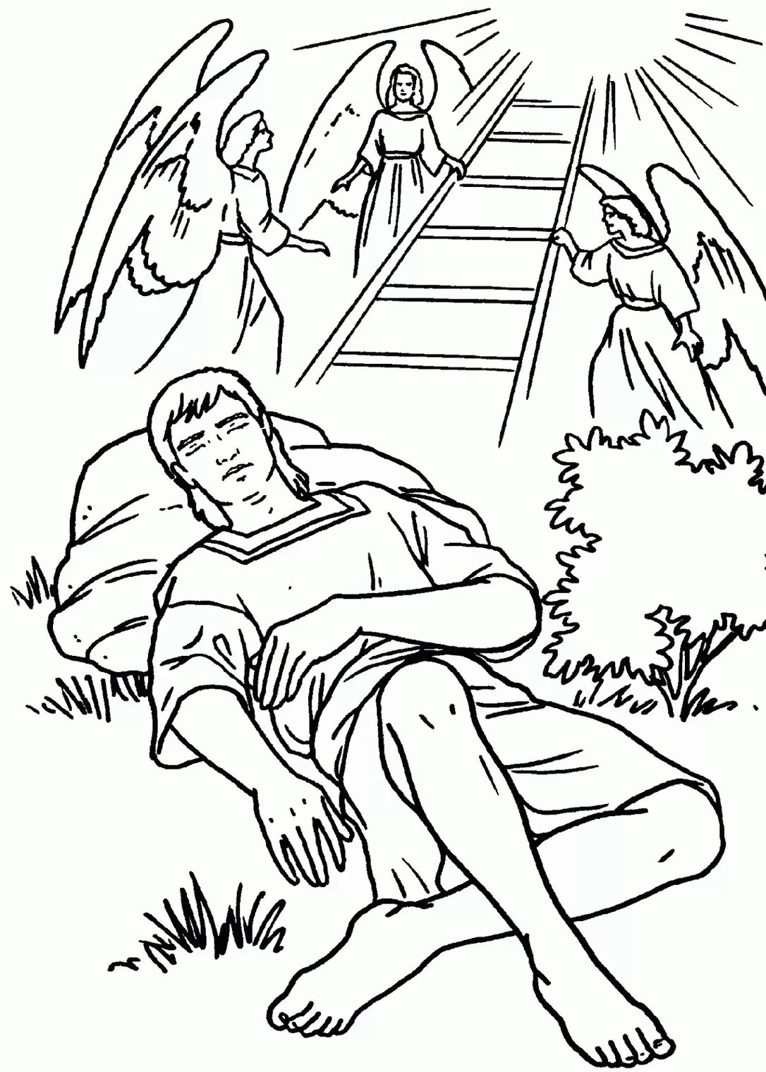 Visão de Jacó: Desenho bíblico para colorir com anjos e escada celestial.