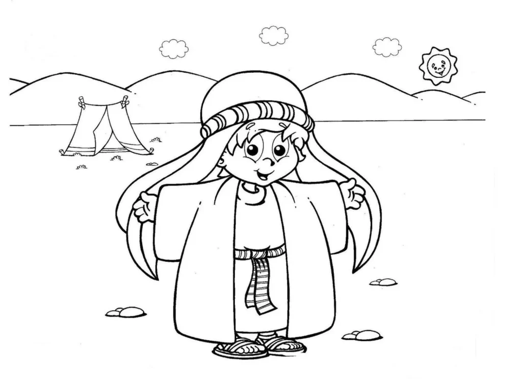 José do Egito para colorir: Túnica e cenário bíblico em desenho