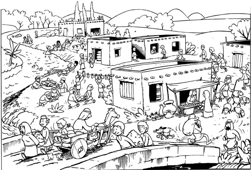 José do Egito: Desenho para colorir dos anos de fartura no Egito. Cena bíblica vibrante com colheita, comércio e vida comunitária.