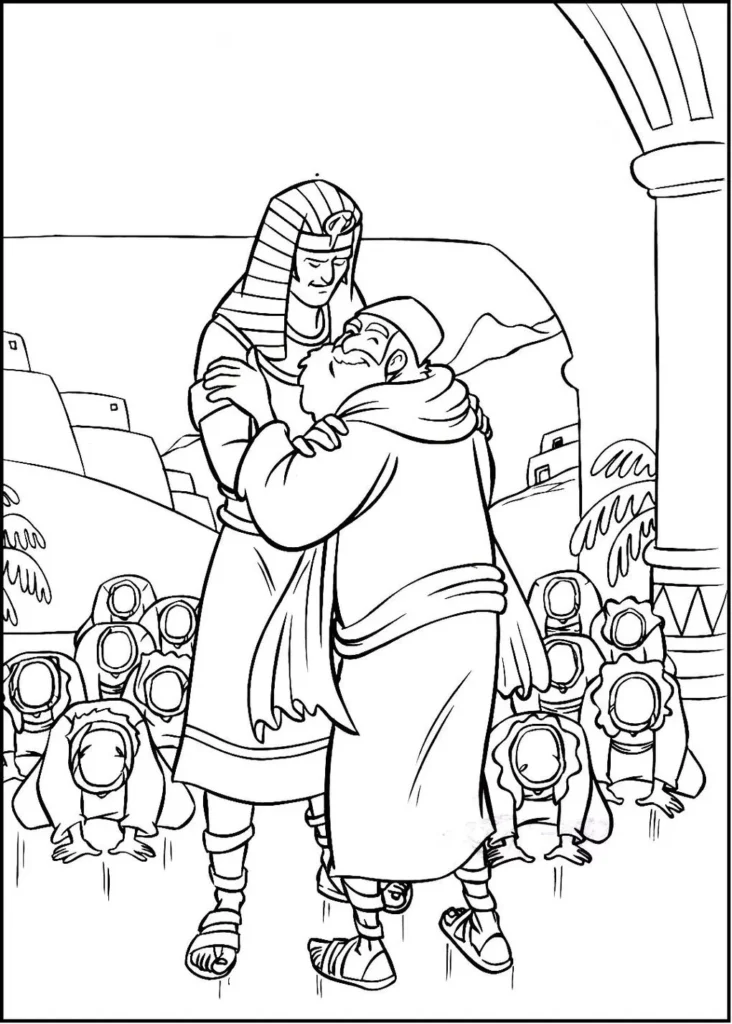 José do Egito encontra sua família: Desenho para colorir da chegada de Jacó no Egito. Veja José, com vestes egípcias, abraçando seu pai em cena emocionante.