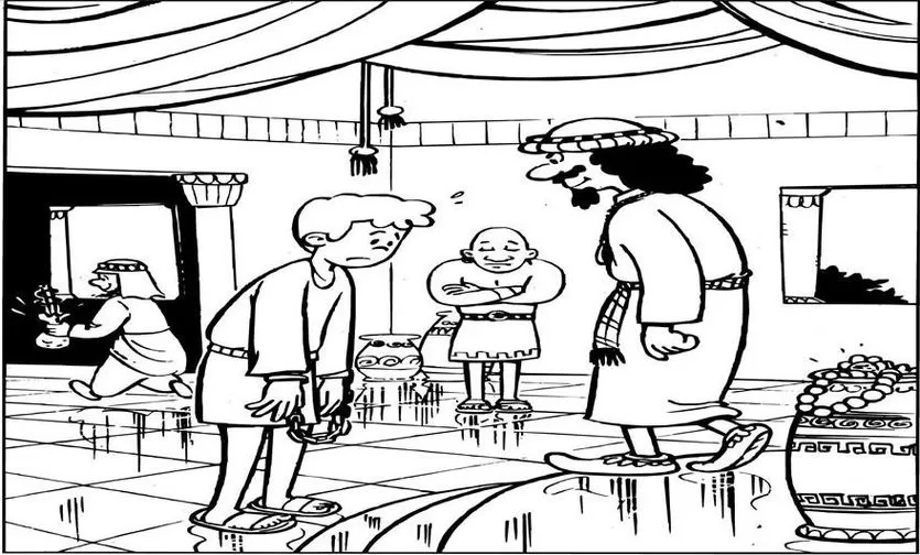 José do Egito sendo vendido como escravo: desenho para colorir. Cena bíblica com José acorrentado e mercadores negociando sua venda.
