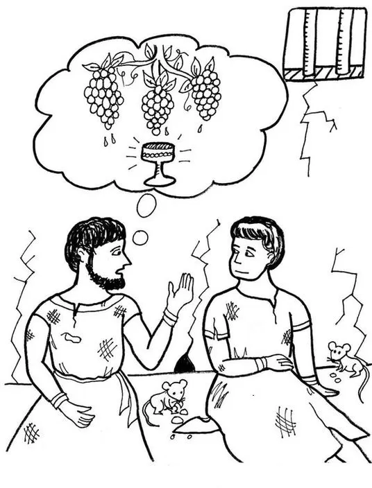 José do Egito: Desenho para colorir do sonho do copeiro. Cena bíblica com homens e ratos.