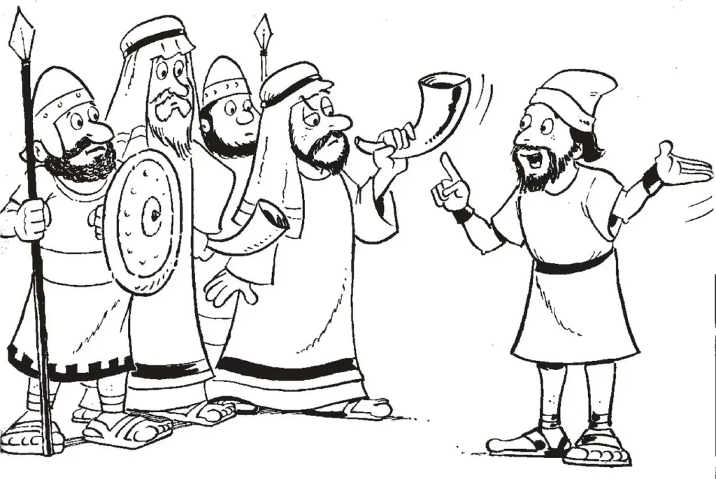 Josué e o povo marchando para a batalha de Jericó. Desenho animado retrata Josué liderando guerreiros com trombetas e lanças.