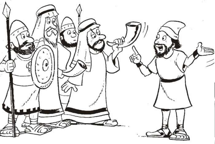 Josué e o povo marchando para a batalha de Jericó. Desenho animado retrata Josué liderando guerreiros com trombetas e lanças.