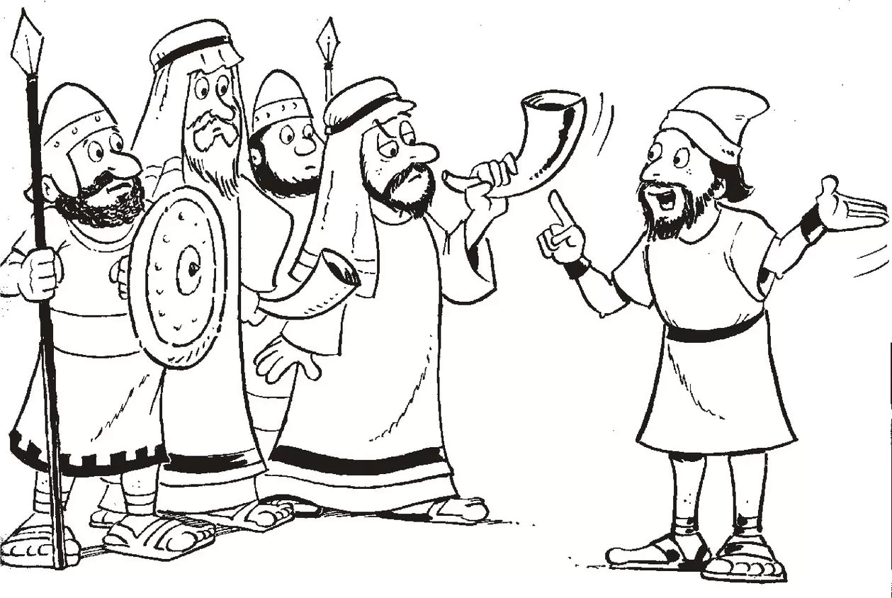Josué e o povo marchando para a batalha de Jericó. Desenho animado retrata Josué liderando guerreiros com trombetas e lanças.