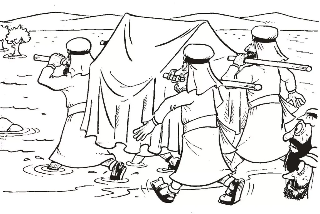 Josué e o povo de Israel carregando a Arca da Aliança ao atravessar o Rio Jordão a caminho de Jericó.