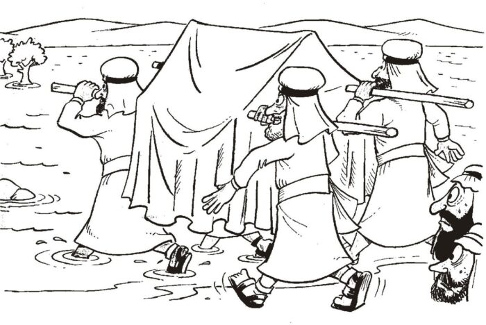 Josué e o povo de Israel carregando a Arca da Aliança ao atravessar o Rio Jordão a caminho de Jericó.