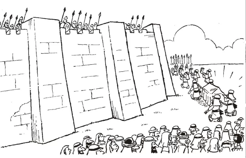 Desenhos de Josué e as muralhas de Jericó para colorir em PDF. A imagem contém o povo de Israel cercando as muralhas de Jericó.
