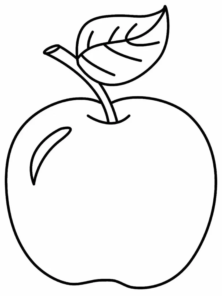 Desenhos de Maças para imprimir e colorir Com folha Desenho de maçã com folha para colorir e imprimir. Detalhes da fruta arredondada com caule e folha visíveis.