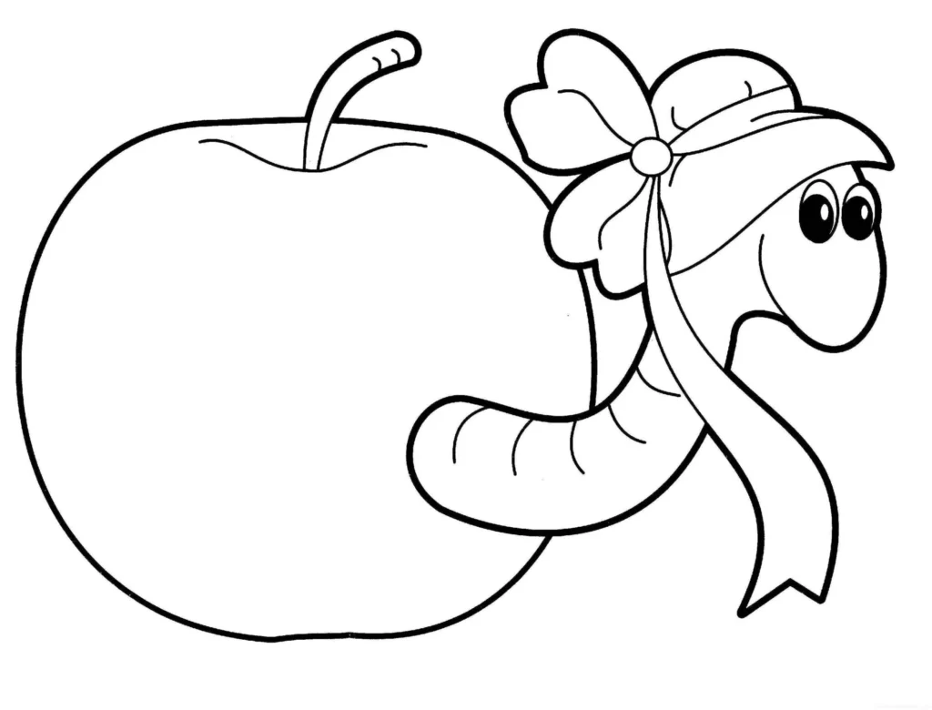 Desenhos de Maças para imprimir e colorir Com lagartinha Maçã com lagarta para colorir: desenho artístico para imprimir
