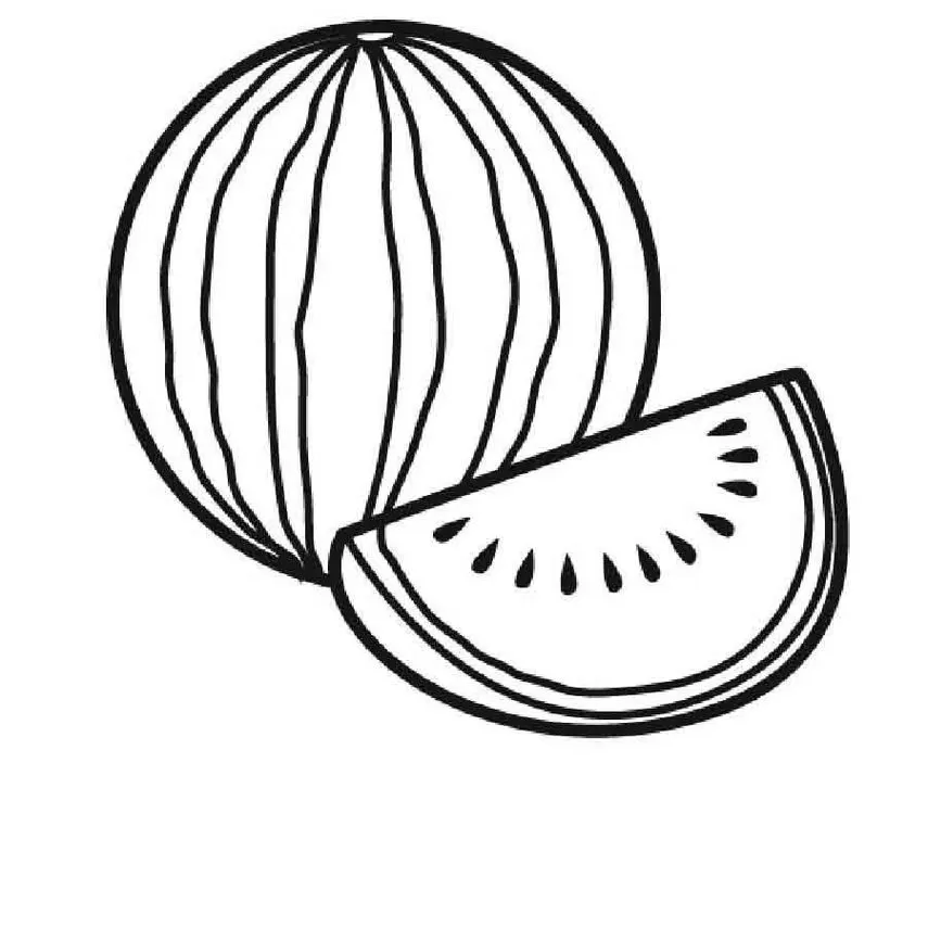 Melancia para colorir: desenho de fruta inteira e fatia com sementes.