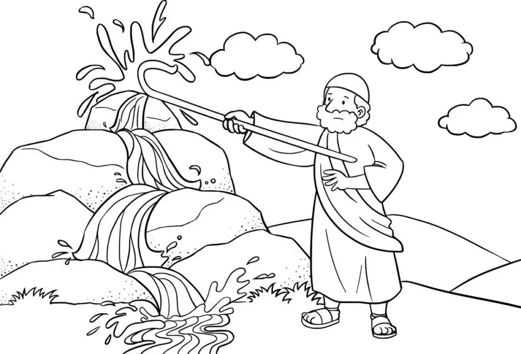Moisés batendo na rocha: desenho para colorir com água jorrando