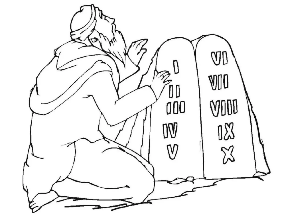 Moisés e os Dez Mandamentos em desenho para colorir. Representação de Moisés ajoelhado diante das tábuas da lei em cenário rochoso.